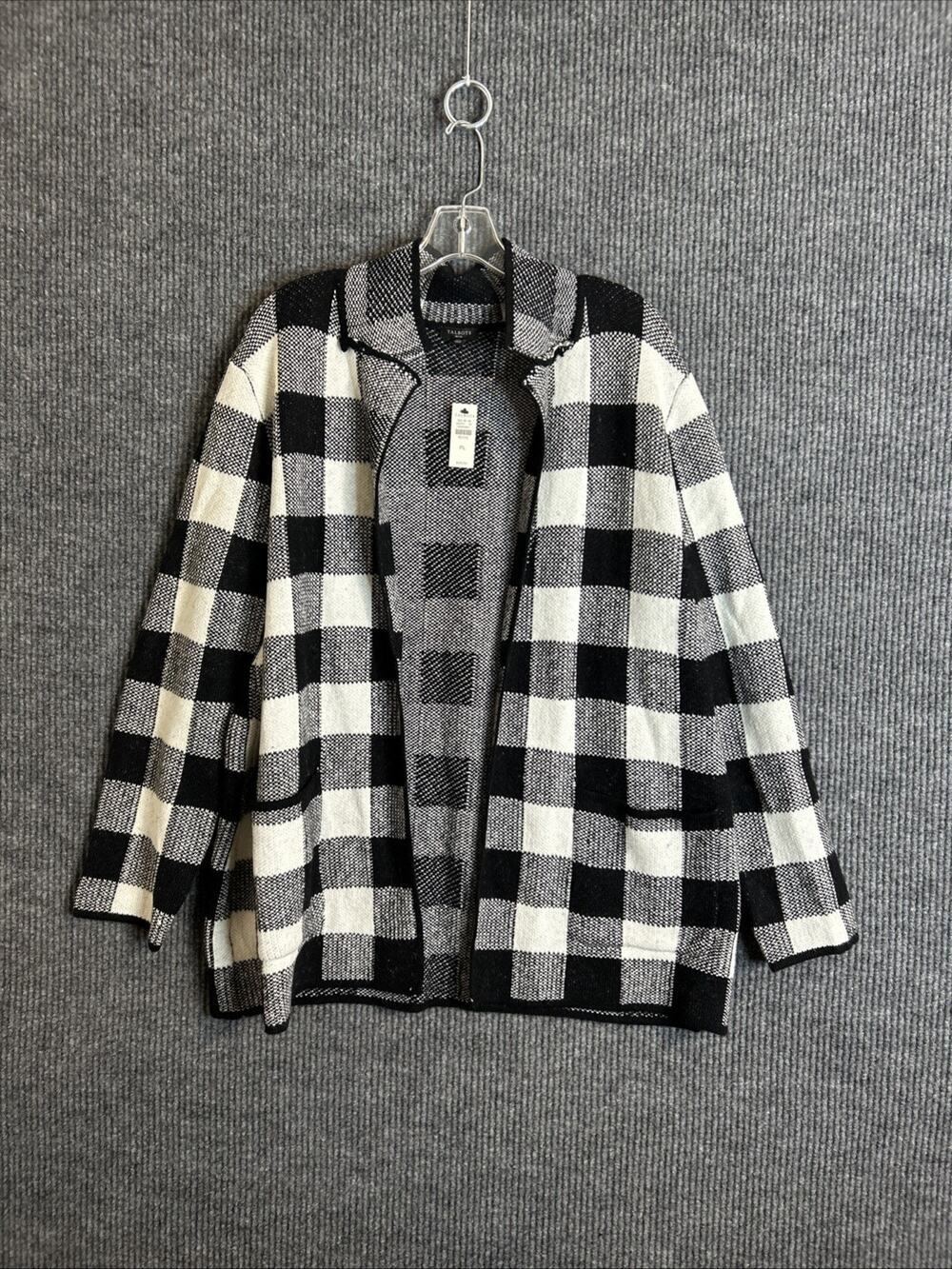 Talbots Women’s Cardigan Sweater Plaid Open Front Black White Petite Large NWT